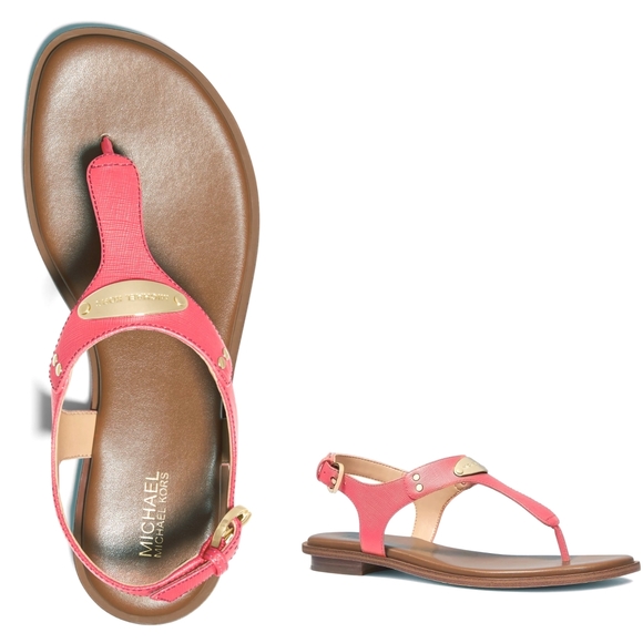 New! MICHAEL KORS Women's MK Logo Plate Thong Leather Sandals Shoes Color Dahlia - Picture 1 of 9